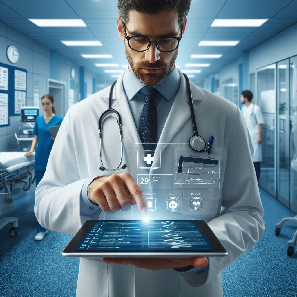 Photograph of a doctor standing in a hospital corridor interacting with a touchscreen tablet displaying medical data overlays