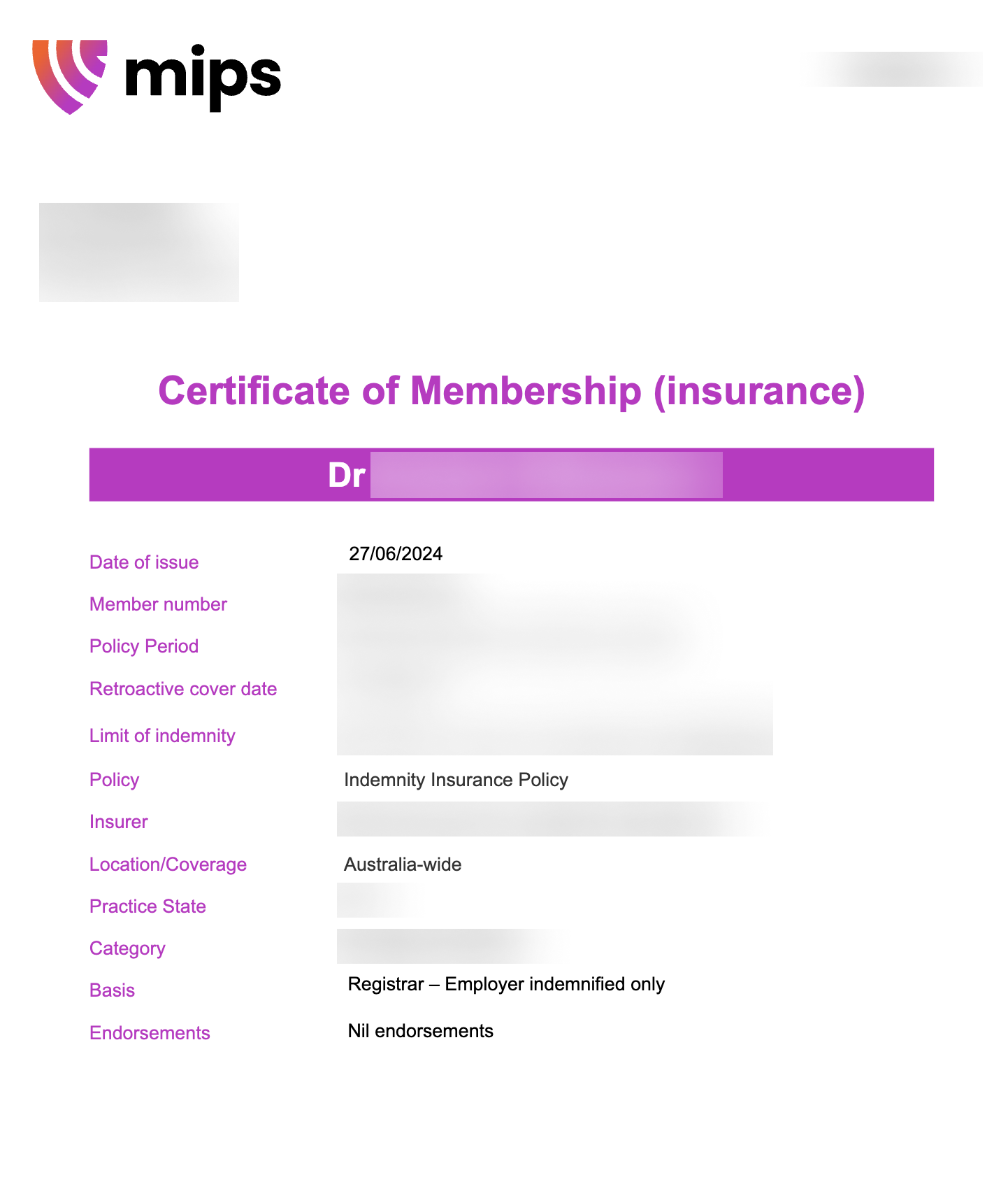 Medical Indemnity Example