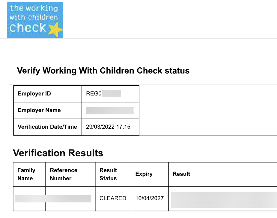 NSW Working With Children Check (WWCC) Example